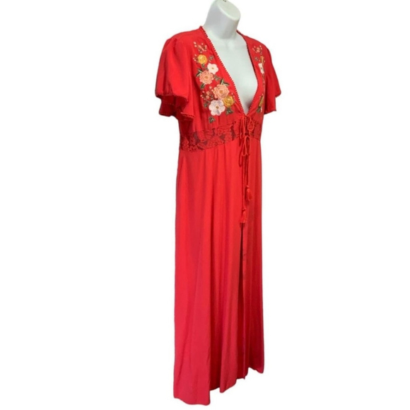 Forever 21 Red Floral Maxi Dress Embroidered Red Floral kimono open tunic - Picture 1 of 9